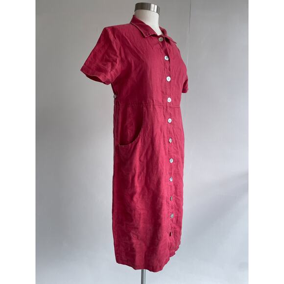 Vintage 90's Red Linen Dress / Sz 8 / Minimal Natural Button Up Collared - Picture 4 of 7